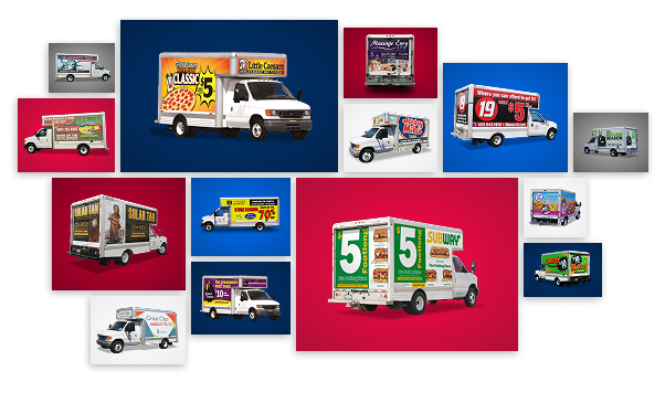 A collage of Patriot Trucks with different types of advertisements on each one.